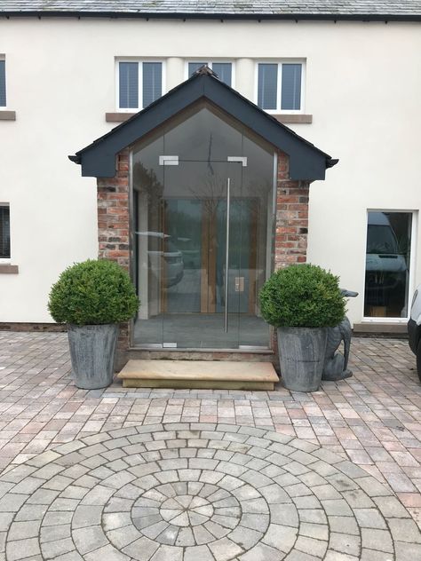 A new single glazed porch, supplied and fitted by FGC to a traditional property in Lancashire. The new porch comes in a modern design having a single central Porch Ideas Entrance Exterior, Modern Porches Ideas Entrance, Glass Porch Door, Modern Glass Porch, Modern Front Porch Ideas Uk, Glass Porch Ideas, Front Porch Door Ideas, Uk Porch Ideas, Front Porch Uk