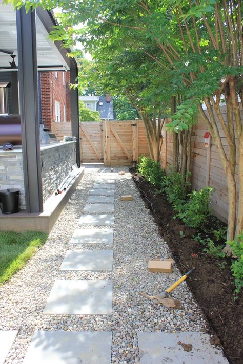 Gravel Parking Pad Front Yards, Pea Gravel Side Yard, Small Yard Gravel Landscaping, Gravel Parking Pad, Side Yard Gravel Landscaping, Diy Gravel Parking Pad, Backyard Landscaping Gravel, Backyard Adventure, Side Yard Landscaping