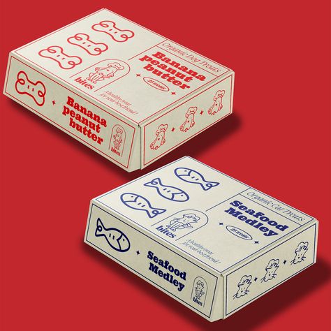 BITES on Behance Food Packaging Graphic Design, Behance Branding Design, Cat Treat Packaging, Dog Treat Branding, Aesthetic Packaging Design, Illustrative Graphic Design, Red Packaging Design, Food Box Packaging Design, Food Box Design