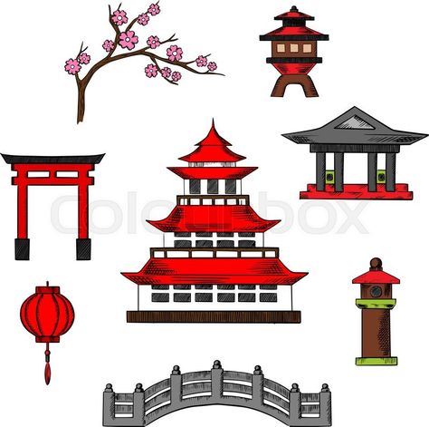 Japan travel and culture icons of traditional japanese pagoda with ... Pagoda Drawing, Sakura Blossoms, Japanese Pagoda, Japanese Shrine, Torii Gate, Travel Icon, Red Roof, Paper Lantern, Art Japonais