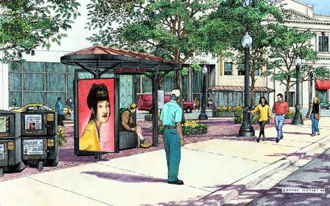 DeStefano. Proposed Bus Shelter Design for Ad Shel Competition. Rendering by Bondy Slutsky Architectural Imaging. 2000 Bus Stop Memory Drawing, Bus Stop Drawing, Bus Shelter Design, City Sketches, Architectural Renderings, Stop Drawing, Bus Shelters, Bus Stand, Bus Stops