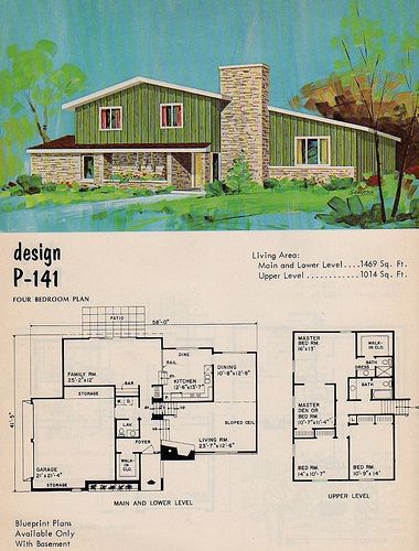 National Plan Service design P-141 | Flickr - Photo Sharing! Retro Home Floor Plans, 60s House Plans, 1950s House Exterior, Mid Century Modern Floor Plans, Mid Century House Plans, Split Level House Plans, Vintage Floor Plans, Mid Century Modern House Plans, 1960s House