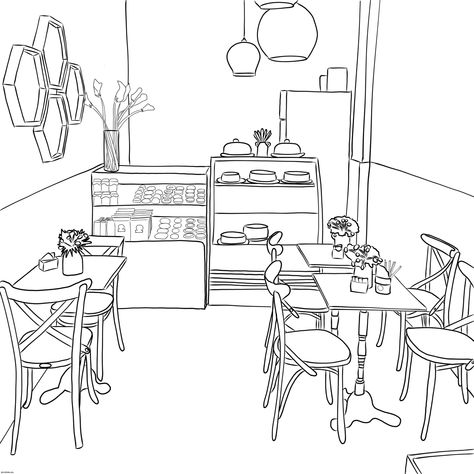 Cafe interior drawing Cafe Sketch Interior, 2 Point Perspective Drawing Interior Cafe, Coffee Shop Interior Design Drawing, Cafe Drawing Interior, Bakery Perspective Drawing, Bakery Drawing Illustration, Coffee Shop Design Drawing, Cafe Drawing Aesthetic, Cafe Interior Design Drawing