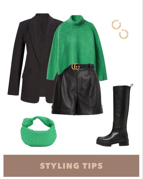 Outfits With Green Turtleneck, Green Boot Outfit Ideas, Green Turtleneck Sweater Outfit, Emerald Green Jacket Outfit, Green Top Outfit Winter, Green Leather Shorts Outfit, Green Sweater Outfit Aesthetic, Cosy Outfit Aesthetic, Casual Knee High Boots Outfit