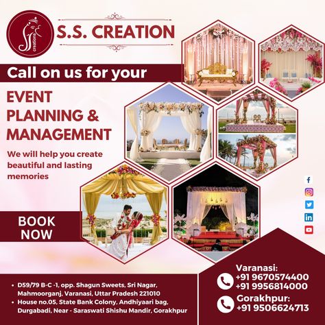 SS Creations is a professional wedding planning service based in Varanasi. We provide full-service wedding coordination services that help you plan each aspect of your special day and make it truly exceptional. With our bespoke approach, experienced team. Wedding / Myrah/ Mehndi / Sangeet/ Varmala/ Birthday / Anniversary / Destination Wedding & Many More!! Theme Events & Decorations : : Call📞 Or WhatsApp : 096705 74400 / 9956814000. : : : : #events #eventplanner #party #wedding #event Event Planner Poster, Wedding Planner Poster, Event Planner Aesthetic, Event Planning Poster, Event Planning Flyer, Ms Word Design, Anniversary Destinations, Hall Designs, Events Decorations