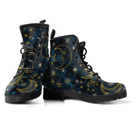 Combat Boots Heels, Shoe Stores, Combat Style, Vegan Leather Boots, Sun Moon Stars, Blue Boots, Vegan Leather Tote, Rubber Boot, Sun And Stars