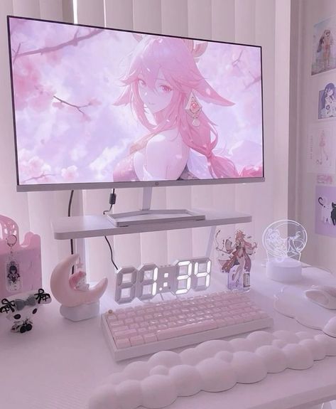 Cute desk gaming setup for girls Pink Gaming Setup Ideas, Sanrio Gaming Setup, Girly Gaming Setup, Kawaii Desktop, Games Room Inspiration, Kawaii Room Ideas, Pink Games, Keyboard Gaming, Keyboard Wrist Rest