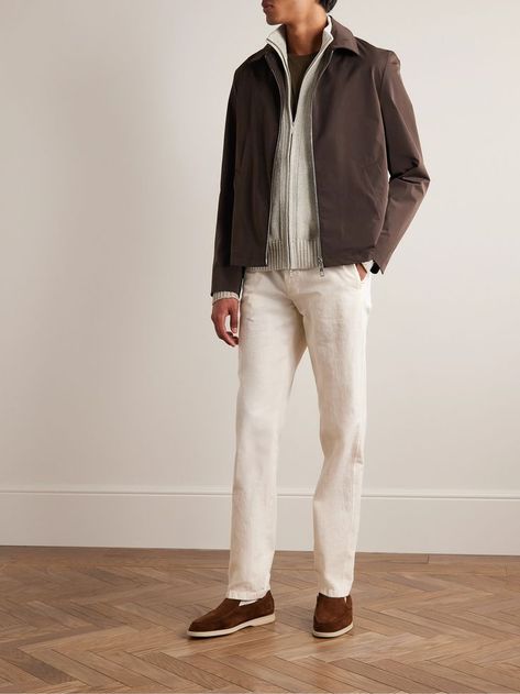 Loro Piana - Silk and Linen-Blend Zip-Up Cardigan Loro Piana Loafers Outfit Man, Succession Fashion Men, Loro Piana Summer Walk Outfit Man, Loro Piana Menswear, Quite Luxury Outfit Man, Gary Outfits, Loro Piana Shoes Outfit Men, Suitsupply Casual, Loro Piana Summer Walk Outfit