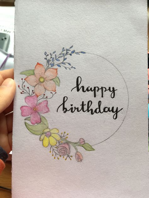 Floral handmade birthday card with watercolour. Birthday Card Ideas Aesthetic Flowers, Birthday Cards With Watercolor, Bday Handmade Cards, How To Draw Birthday Cards, Happy Birthday Cards Calligraphy, Creative Birthday Cards For Mom Cute Ideas, Happy Birthday Mom Diy Card, Happy 18th Birthday Cards Diy, Birthday Card Watercolour Ideas