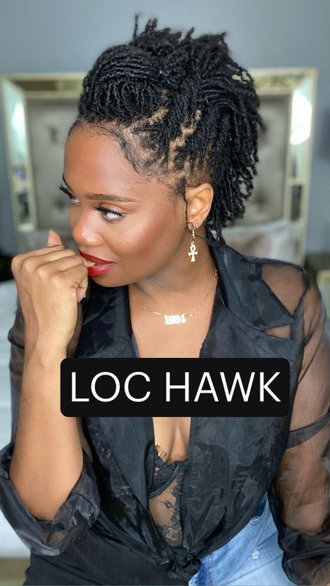 Microlocs Mohawk, Afrocentric Loc Styles, Loc Styles Medium Mohawk, Interlock Styles For Women, Mohawk Sister Locs, Styles For Short Microlocs For Women, Microloc Hairstyles For Wedding, Short Micro Loc Styles For Women, Sista Locs Styles Updo