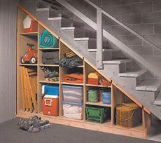 Need to do this for the basement staircase. Storage would be great. unfinished basement ideas | storage | Unfinished Basement Ideas #basementcrafts Under Basement Stairs, Under The Stairs Storage, Organizations Ideas, Basement Stair, Basement Staircase, Basement Stairs Ideas, Basement Organization, Under Stairs Storage, Diy Staircase