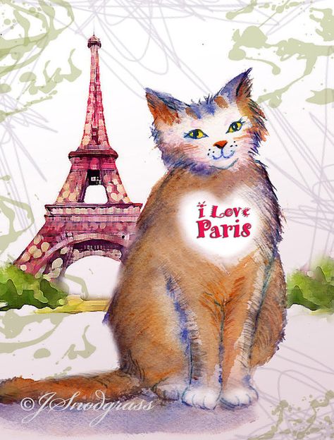 Cat in Paris France Eiffel Tower  watercolor Cute by CalArtist Cat In Paris, Eiffel Tower Watercolor, Paris France Eiffel Tower, Cute Animal Art, France Eiffel Tower, Watercolor Cute, I Love Paris, Cat Signs, Love Paris