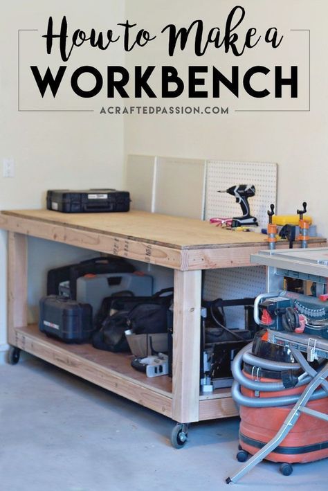 How to Build a Workbench | Build a simple rolling workbench with these easy to follow DIY plans. This is the perfect workbench to add more storage in your garage to hold your tools and get you organized! #workbench #diy Officine In Garage, Rolling Workbench, Building A Workbench, Rustic Farmhouse Table, Garage Organize, Diy Workbench, Workbench Plans, Garage Work Bench, Woodworking Workbench