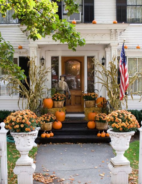 Think beyond the stoop and line the front walk with pumpkins, mums and stalks of corn. Don't forget up top either. Mini gourds on ledges put a seasonal spin on traditional window boxes. Pumpkins, Autumn Beauty, Woodstock, Vermont, Front Porch, A House, Porch, Decor Ideas, Table Decorations