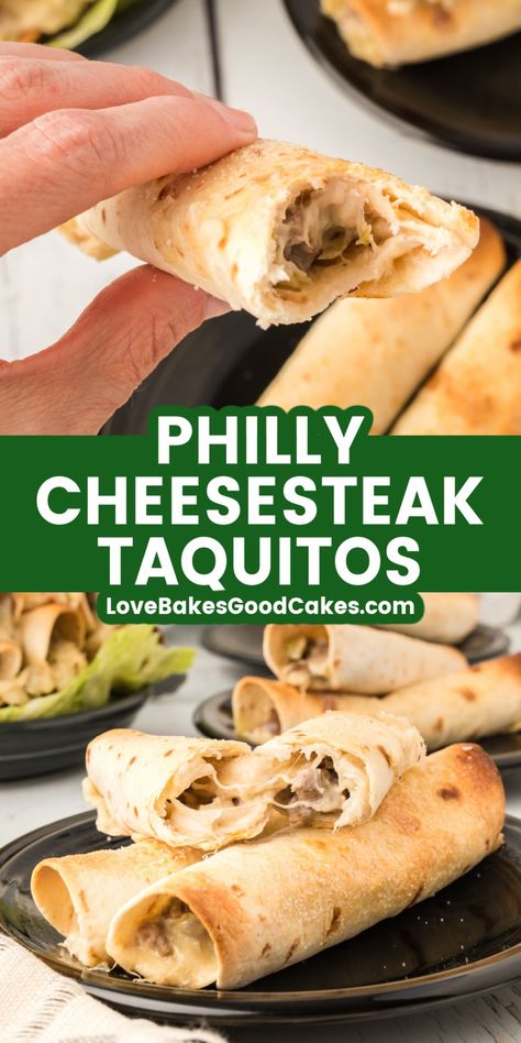 Philly Cheesesteak Taquitos pin collage Steak Taquitos, Cheesesteak Sandwich, Taquitos Recipe, Philly Steak, Cheese Steak, Philly Cheese, Philly Cheesesteak, Party Food And Drinks, Supper Recipes