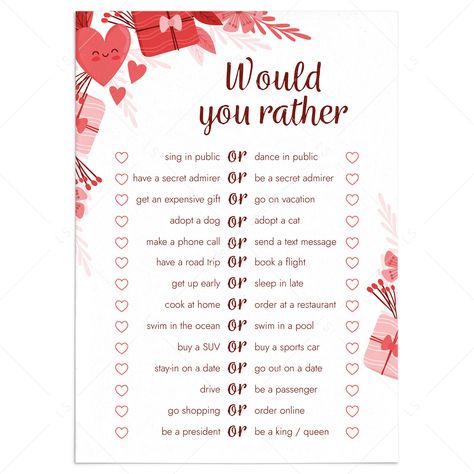 Date Night Would You Rather Game for Couples by LittleSizzle Fun Couple Games, Question Games For Couples, Game For Couples, Couples Game Night, Couples Quiz, Deep Conversation Starters, Valentine Party Game, Valentine's Day Party Games, Anniversary Games