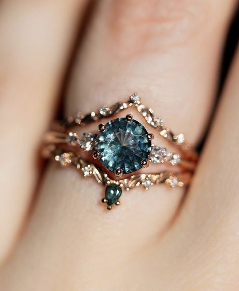 Non Diamond Wedding Rings Stones, Stacked Sapphire Wedding Rings, Engagement Rings Teal Sapphire, Engagement Stack Rings, Teal Wedding Ring, Whimsical Rings Engagement, Wedding Rings Fairytale, Colored Stone Wedding Rings, Saphire Wedding Rings