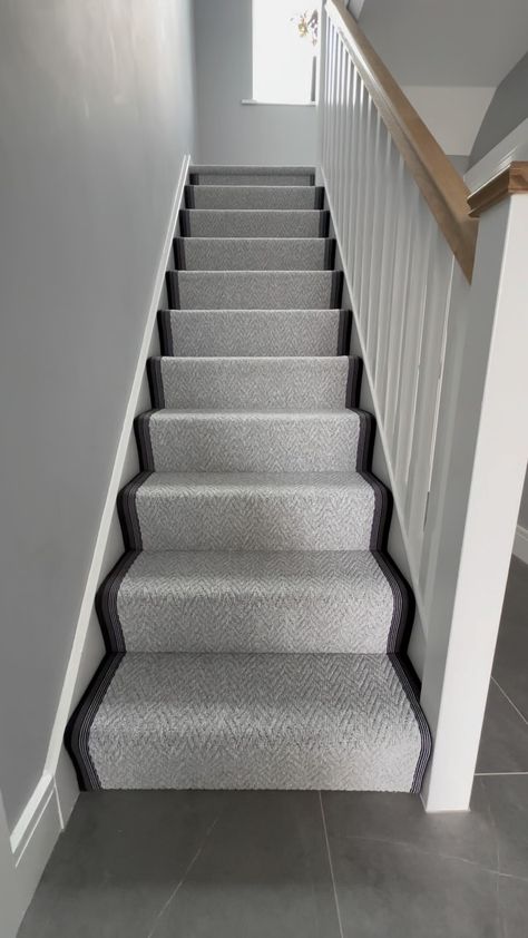 Recent installation of our wool herringbone carpet from @fibreflooring Fitted with a gravel grey cotton border. Full… | Instagram Grey Striped Stair Carpet, Herringbone Carpet Stairs, Grey Carpet Stairs, Light Gray Hallway, Stairs Flooring, Grey Carpet Runner, Hallway Upstairs, Grey Stair Carpet