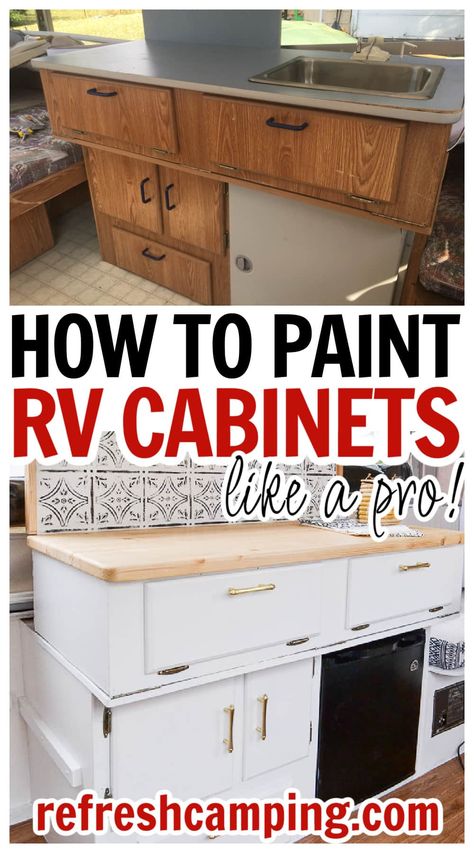 How to Paint RV Cabinets to Last (Easy DIY Guide) - Refresh Camping Best Paint For Rv Cabinets, Trailer Cabinet Makeover, How To Paint Camper Cabinets, How To Paint Rv Cabinets, Painted Camper Cabinets, Camper Cupboards Remodel, Diy Rv Cabinets, Camper Cabinets Painting, Painting Trailer Cabinets