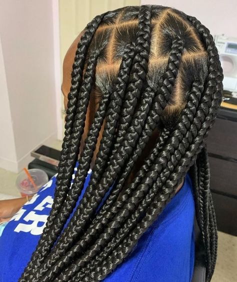 12 Box Braids Hairstyles, Jumbo Triangle Knotless Box Braids, Big Part Small Knotless Braids, Knot Box Braids Medium, Bigger Knotless Braids, Jump Knotless Braids, Medium Not Less Braids, Medium Large Knotless Box Braids Parting, Large Knotless Box Braids With Heart