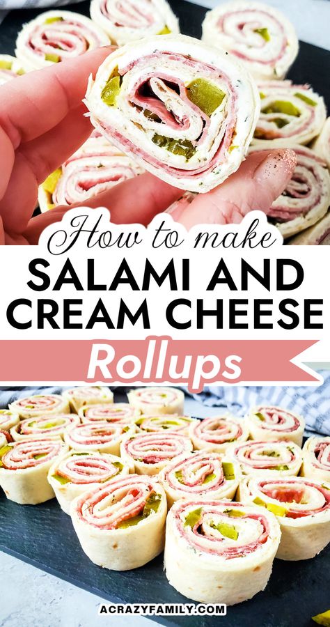 Salami And Pickle Roll Ups, Salami Tortilla Roll Ups, Salami Cream Cheese Pinwheels, Italian Sandwich Roll Ups, Salami Cheese Roll Ups, Pin Wheels Appetizers Cream Cheese, Pinwheel Recipes Ham, Italian Pinwheel Sandwiches, Salami Pinwheels Tortillas