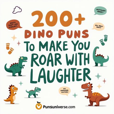 Get ready to TRex-press yourself with over 200 dino-mite puns that will have you roaring with laughter! From cheesy jokes to dino-saur-laughs, this collection is sure to brighten your day. Don’t miss out on the fun—let's make humor Jurassic! 🦖✨ #puns #DinoPuns #Funny #Humor #Jokes #LaughterIsTheBestMedicine #Dinosaurs #PlayOnWords Dino Jokes, Dinosaur Jokes, Horse Puns, Pig Puns, Fall Puns, Dinosaur Puns, Dog Puns, T Rex Humor, Cheesy Jokes