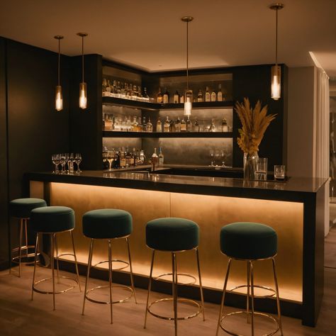 ⚠️LINK IN BIO⚠️ A chic contemporary home bar with a sleek bar counter, modern bar stools, and ambient lighting for an elegant entertainment space. #HomeBar #Contemporary #Chic #BarCounter #AmbientLighting Modern Bar Counter Design Home, Dark Home Bar Aesthetic, Modern Bar In Living Room, Modern Bar Design Luxury, Brick Bar Ideas For Home, Outdoor Bar Counter Design, Mini Bar Aesthetic, Modern House Bar Design, Bar Interior Design Modern