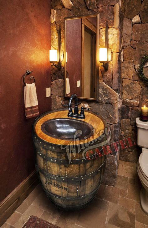 Rustic Bathrooms, Whiskey Barrel Sink, Personalized Whiskey Barrel, Barrel Sink, Barrel Decor, Rustic Bathroom Designs, Barrel Furniture, Copper Sink, Jim Beam