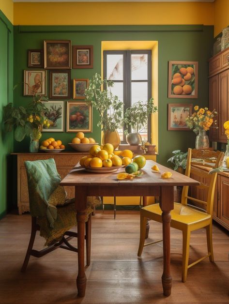 Yellow Dining Room, Green Dining Room, Wooden Dining Room Chairs, Interior Design Minimalist, Brown Rooms, Maximalist Interior, Purple Kitchen, Yellow Room, Yellow Living Room