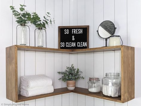 Shelving Ideas Bathroom, Diy Bathroom Shelf, Bathroom Shelf Decor Ideas, Bathroom Shelving Ideas, Corner Floating Shelf, Bathroom Shelf Ideas, Easy Diy Bathroom, Diy Corner Shelf, Shelf Decor Ideas