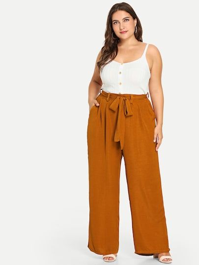 Plus Knot Front Wide Leg Pants -SheIn(Sheinside) Plus Size Palazzo Pants Outfit, Wide Leg Pants Outfit Plus Size, Wide Leg Trousers Outfit, Wide Leg Pants Plus Size, Pentathlon, Wide Leg Pants Outfit, Wide Leg Pants Outfits, Leg Pants Outfit, High Waisted Wide Leg Pants