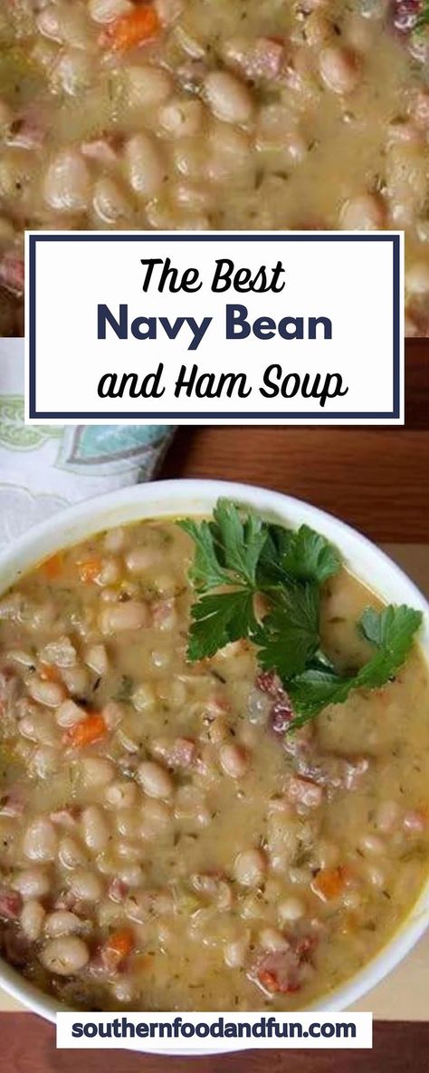 Experience the ultimate comfort with this Navy Bean Soup! Crafted with canned navy beans, savory ham hocks, vibrant carrots, crisp celery, and seasoned with dried rosemary and thyme, this soup is elevated with a hint of bacon for an extra layer of flavor. Canned Navy Bean Soup, Ham Soup Crockpot, Navy Bean Soup With Ham, Navy Bean And Ham Soup, Navy Beans And Ham, Navy Bean Recipes, Bean Soup Crockpot, Ham Hock Soup, Bean And Ham Soup