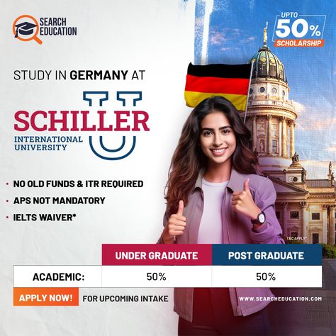 🎓 Study at Schiller International University in 🇩🇪Germany. ✅ Get scholarship upto 50%. ✅ No old funds or ITR required. ✅ APS is not mandatory. ✅ IELTS waiver. Apply now for the upcoming intake. Book your free counseling now. 📞Chandigarh: +91 798 247 0583 📞Delhi: +91 798 246 7300 #SearchEducation #studyingermany #studyingermany2024 #schilleruniversity #upcomingintake2024 #undergraduate #postgraducate #schillerinternationalunversity #StudyAbroadJourney #StudyAbroadSuccess Study In Germany, International Scholarships, Digital Marketing Design, International University, Marketing Design, Chandigarh, Undergraduate, Study Abroad, Counseling