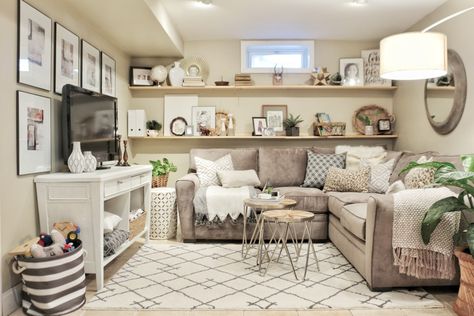 Basement Family Rooms, Family Room Reveal, Microfiber Sectional Sofa, Basement Living Rooms, Cozy Basement, Basement Family Room, Small Basements, Basement Makeover, Basement Bedrooms