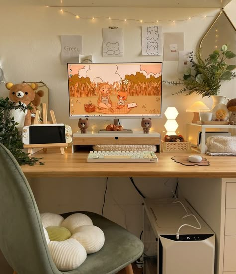 Cute Desk Aesthetic, Aesthetic Set Up, Desk Setup Workspace Inspiration, Desk Setup Workspace, Cozy Gamer Aesthetic, Cute Desk Setup, Aesthetic Workspace, Cozy Desk Setup, Computer Ideas