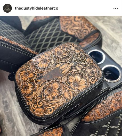 Tooled Leather Truck Interior, Country Truck Accessories, Western Truck Interior, Leather Interior Car, Chevy Silverado Accessories, Truck Interior Accessories, Pickup Accessories, Car Interior Upholstery, Western Car