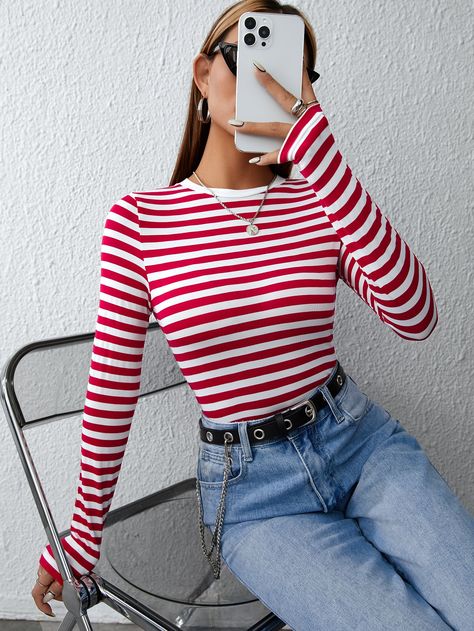 Red and White Casual Collar Long Sleeve Knitted Fabric Striped  Embellished Slight Stretch  Women Tops, Blouses & Tee Manche, Red Striped Top Outfit, Red Striped Shirt Outfit, White Striped Shirt Outfit, Striped Top Outfit, Long Sleeve Shirt Outfits, Stripy Tops, Red Stripes Top, Red Striped Shirt