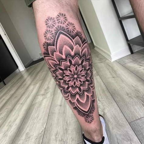 Geometric Calf Tattoos For Women, Calf Mandala Tattoo Men, Mandala Tattoo Calf For Women, Mandala Back Leg Tattoo, Large Calf Tattoos For Women, Full Calf Tattoos For Women, Best Calf Tattoos Men, Mandela Leg Tattoos, Mandala Tattoo Men Leg