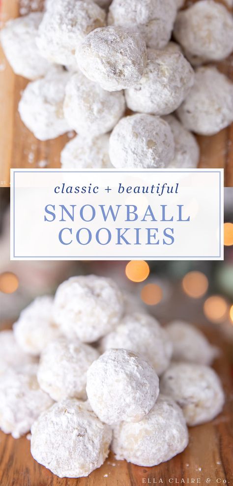 Make these delicious and festive snowball cookies! A delicious butter pecan cookie dusted in powdered sugar, they are easy and adorable for the holidays! They look so pretty for neighbor gifts, added to plates of Christmas cookies, or cookie exchanges. Walnut Balls, Kolaczki Recipe, Snowball Cookie, Powdered Sugar Cookies, Pecan Cookie, Snowballs Recipe, Acorn Cookies, Pecan Snowball Cookies, Newyear Party