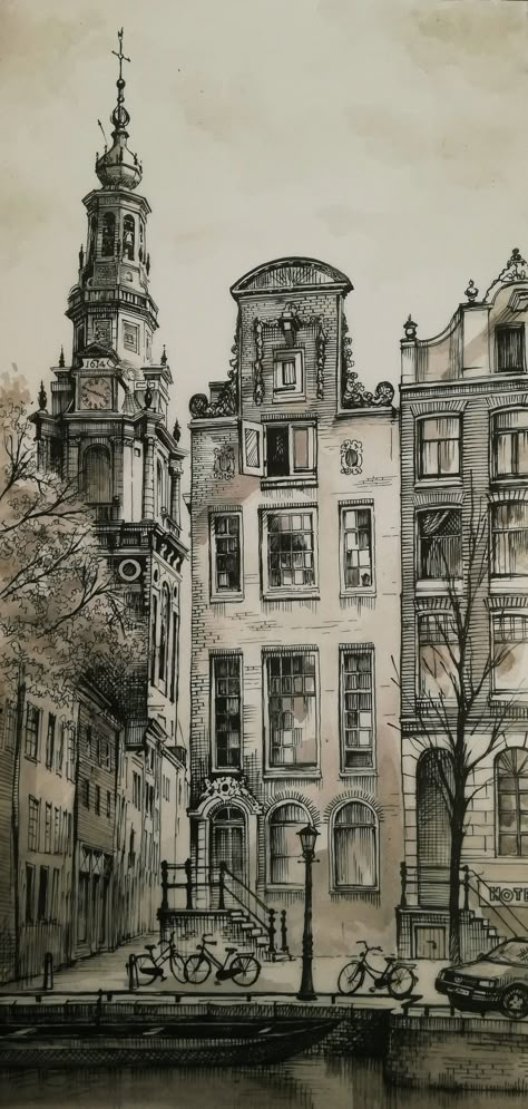 City Pen Drawing, Pen Art Work Drawings, Drawing Pen Sketches, Amsterdam Drawing, Marshmello Wallpapers, Perjalanan Kota, Old Architecture, Pen And Ink Drawings, Pen Art Work