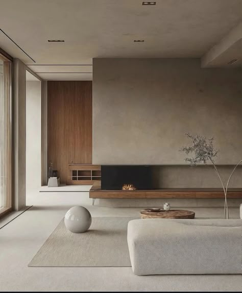 Micro Cement Living Room, Japandi Concrete Floor, Japandi Wall Design, Micro Cement Wall Living Room, Japandi Tv Wall Design, Minimalist Concrete Interior, Polished Concrete Lounge Room, Wabi Sabi Tv Wall, Minimal Concrete Interior