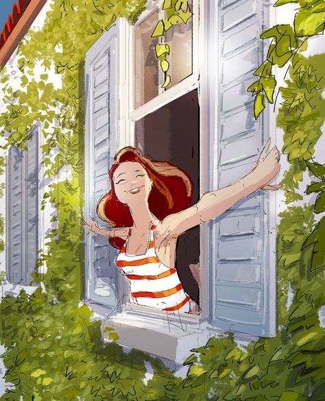 SEEMS like TODAY is A GOOD DAY to HAVE THIS kinda DAY … SPRING TEMPS are IN the AIR … ENJOY … Art And Illustration, Italian Meme, Pascal Campion, Dreamy Art, Cute Illustration, The Window, Animation Art, Art Girl, Cute Wallpapers