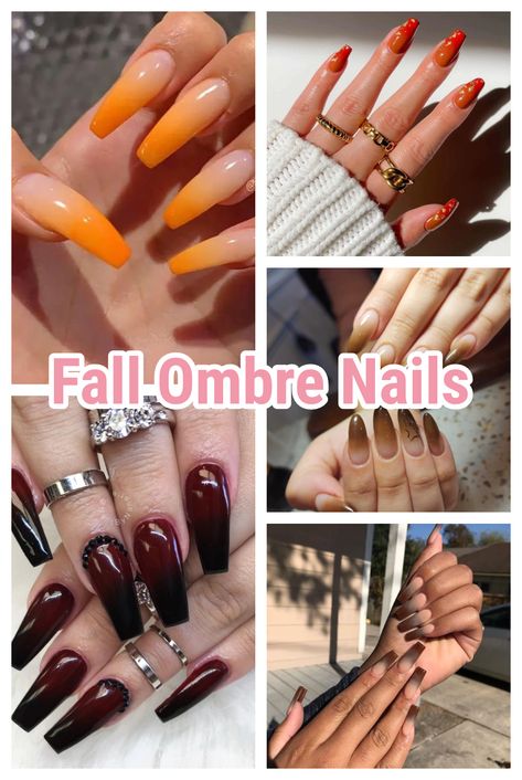 Fall Ombre Nails Burnt Orange Ombre Nails Fall, Halloween Ombre Nails Acrylic, Fall Nail Coffin Designs, November Ombre Nails, Rust Ombre Nails, Fall Ombre Gel Nails, Ombre Autumn Nails, Ombre Coffin Nail Ideas, Burnt Orange Ombre Nails