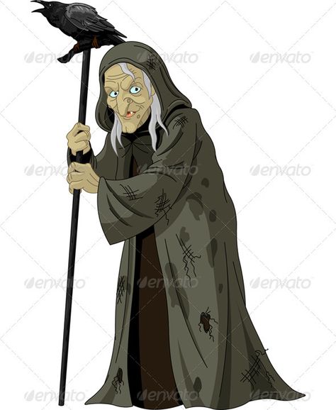 Witch with Raven Staff Stick, Gothic Holiday, Witch Woman, Old Witch, Black Cartoon Characters, Black Cartoon, Vector Character, Cartoon Character, Fairy Tail