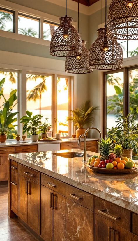 Dive into a breathtaking Hawaiian-inspired kitchen, where stunning photographic captures meet exquisite interior design. This space merges natural beauty with thoughtful design, creating a sunset-lit paradise perfect for sharing on social media. Hawaiian Design Interior, Natural Tropical Interior Design, Tropical With Asian Influence Decor, Caribbean House Interior, Beachy Kitchen Decor, Caribbean Houses Tropical Style, Costa Rica Homes Design, Carribean Home, Hawaii Homes Interior