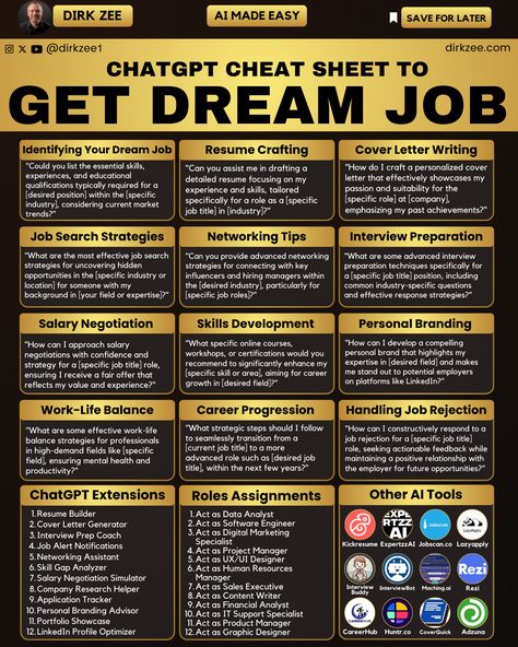 ChatGPT Cheat Sheet to Get Dream Job      Identifying Your Dream Job     Resume Crafting     Cover Letter Writing     Job Search Strategies     Networking Tips     Interview Preparation     Salary Negotiation     Skills Development     Personal Branding     Work-Life Balance     Career Progression     Handling Job Rejection     ChatGPT Extensions     Roles Assignments     Other AI Tools Dream Jobs Ideas, Job Rejection, Business Writing Skills, Career Progression, Salary Negotiation, Networking Tips, Learn Computer Coding, Secret Websites, Job Advice