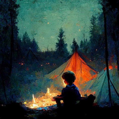 Fire Pit Painting, Campfire Artwork, Campfire Painting, Fox Illustration Art, Fire Pit Drawing, Campfire Drawing, Boy Painting, Beautiful Night Sky, Art Children