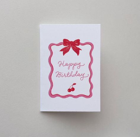 Wavy Ribbon Cherry Bow Happy Birthday Card | Greeting Card sizes available 3.5x5" or 5x7"  Each card comes with a white envelope. Red Birthday Card Ideas, Simple Bday Card, Birthday Card Inspo Diy, Girly Birthday Card, Handmade Birthday Card Ideas Creative, Handwritten Birthday Cards, Happy Bday Cards, Happy Birthday Diy Card, Painted Birthday Cards