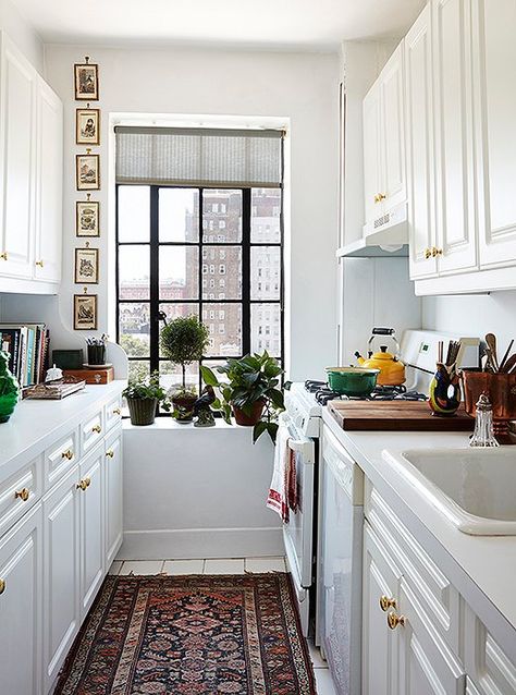 West Village Apartment, Galley Kitchen Design, Galley Kitchens, Galley Kitchen, Kew Gardens, Apartment Kitchen, Tiny Kitchen, Ikea Kitchen, White Kitchen Cabinets