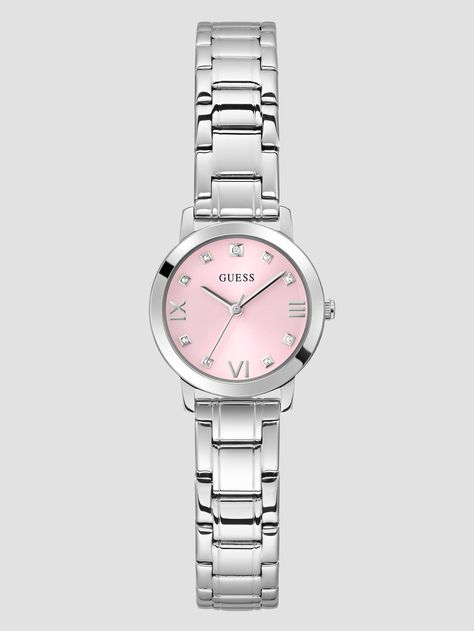 Simply elegant, this silver-tone watch is designed with a glossy pink dial featuring genuine diamond marker at the 12 o'clock hour and a polished steel bracelet. Small Watches Women, Guess Women Watches, Dope Jewelry Accessories, Silver Watches Women, Trendy Watches, Pink Watch, Luxe Jewelry, Dope Jewelry, Jewelry Essentials